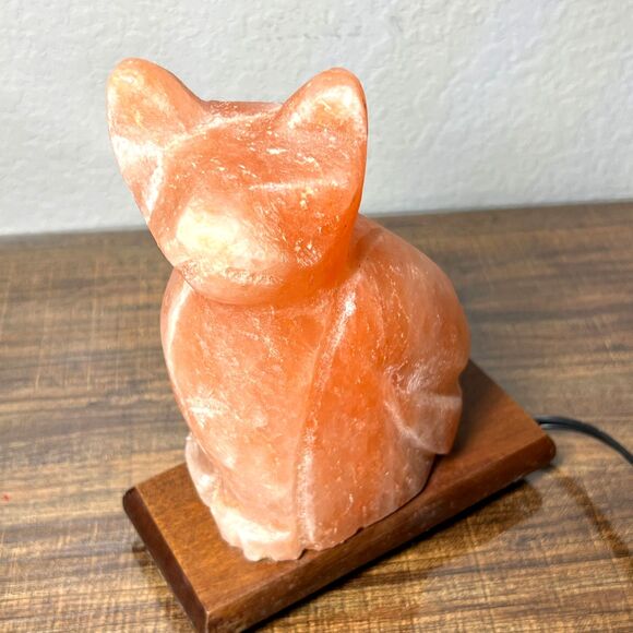 Vintage Pink Himalayan Salt Lamp Cat Shaped Carved Orange Rock Crystal Wood Base - Picture 6 of 13
